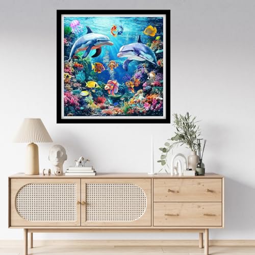 Fanxvivy Counted Cross Stitch Kits for Adults 11CT Unprinted Cross-Stitch Patterns Embroidery Kits Easy Cross Stitching Needlepoint Kits-Underwater World Dolphin 18x18 inch - color: DIYcraft20