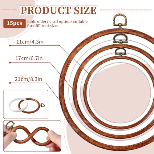 ZESHIHAOGUO 15 Pcs Round Embroidery Hoops - Rubber Ring Imitated Wood Frame Kits for Cross Stitch, DIY Craft, Sewing Projects Hanging Gifts (Brown, 4.33 inch & 6.7 inch & 8.27 inch) - size: 4.33 inch & 6.7 inch & 8.27 inch