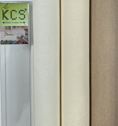 KCS 3 pc of 15" x 18"(38cmx45cm) 18 Count Cross Stitch Cotton Aida Cloth Needlework Rolled Fabric Box,18CT,Antique White +Cream+Khaki - color: Antique White +Cream+khaki, size: 18CT