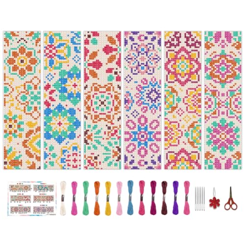 BEUNITONE 6 Pcs Mandala Cross Stitch Bookmark Kits for Beginners DIY Stamped Embroidery Bookmark Kit Colorful Floral Punch Needle Set with Instructions Craft Kit for Book Lover Gifts 8''x2.4'' - style: Small Mandala Pattern