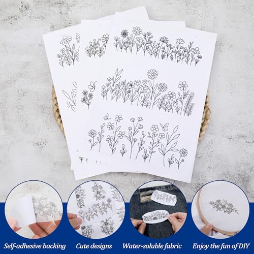 TAHULIK Water Soluble Stabilizer for Embroidery, 3 Sheets Water Soluble Embroidery Patterns, Stick and Stitch Embroidery Patterns, Transfer Paper with Pre-Printed Flower Leave for Hand Sewing