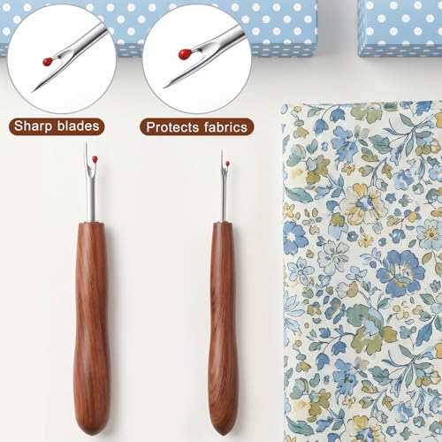 2 Pcs Seam Ripper with Wood Handle for Sewing Remove Stitches Ergonomic Grip for Knitting Hand Sewing Embroidery Thread Removal (S/L)