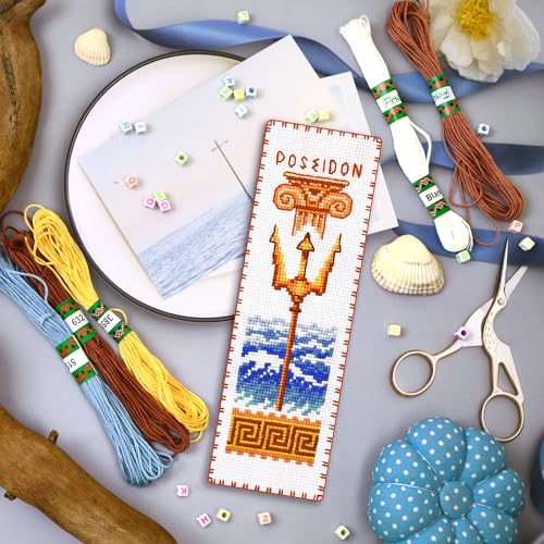 Povitrulya Counted Cross Stitch Kit Poseidon – DIY Bookmark Embroidery Set for Adults & Beginners, Trident Sea Waves Ancient Greek Mythology Needlework Gift - color: Poseidon