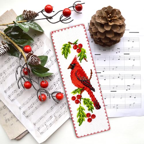 Povitrulya Cardinal - Counted Cross Stitch Bookmark Kit - DIY Embroidery Set - Hand Made Gift for Adultss with a Redbird Sitting on a Christmas Mistletoe - color: Cardinal