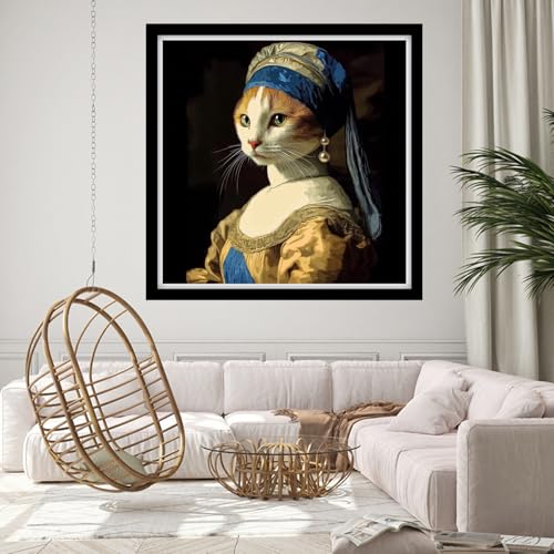 Redxing Stamped Cross Stitch Kits Full Range of Embroidery Starter Kits- Needlepoint Counted Cross Stitch Kits for Beginner Adults 11CT Printed Embroidery Kit- A cat with Pearl Earrings 18×18 inch - color: DIYArtsKit24