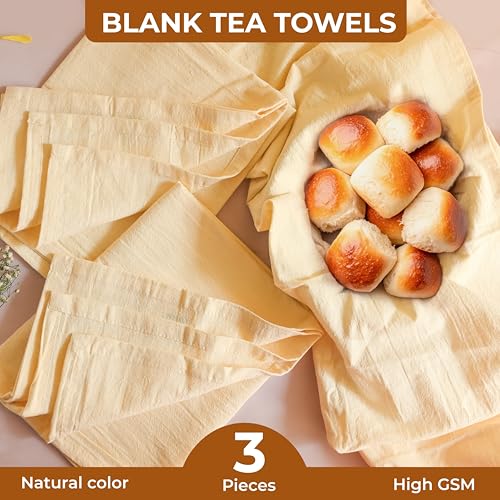 Natural - Blank Plain - Linen Tea Towels For Kitchen - For Crafting Embroidery Baking Sourdough Bread Proofing - 100% Cotton Flour Sack Dish Towels - 18"X28" - 3 Pack - Heavy Weight High Threadcount - size: 18"x28" Set of 3