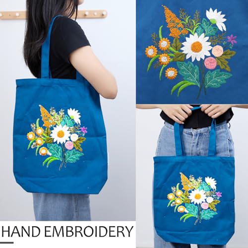 Canvas Tote Bag Embroidery Kit with Pattern for Beginners, Arts and DIY Embroidery Crafts Kits for Adults, Instructions, thimble, Embroidery Hoops, Color Threads (darkblue, CR002 chenhuicaoxin) - color: CR002 chenhuicaoxin darkblue