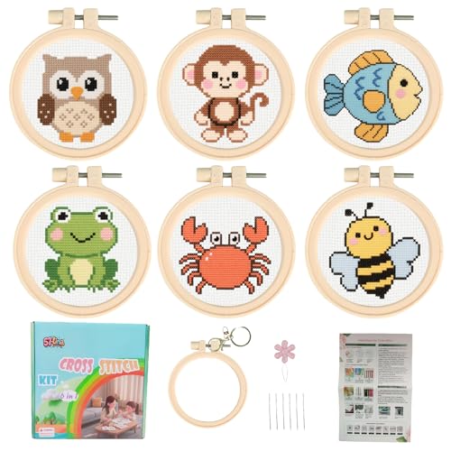 57lilina Cross Stitch Kits for Kids, 6 Set Easy Beginner Embroidery Pattern - color: Owl+ Monkey+ Fish+ Frog+ Crab+ Bee