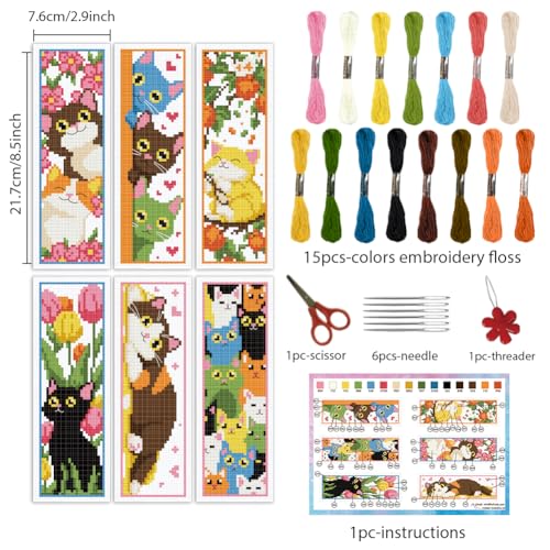 INFUNLY 6pcs DIY Cat Cross Stitch Bookmark Kits for Beginner 2.99''×8.54'' Cute Kitten Stamped Embroidery Bookmark Kit with Instruction Printed Animal Bookmark Set for Cat Lovers Book Readers Writers - style: Cute Cat