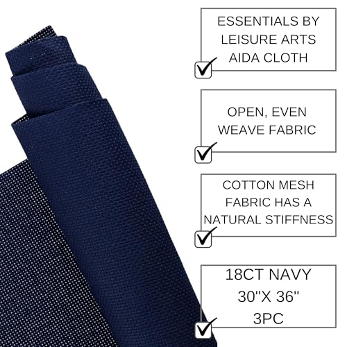 Essentials By Leisure Arts Aida Cloth, 18 Count, Navy, 3pc, Bulk, Cross Stitch Fabric, Embroidery Fabric, Cross Stitch Supplies for Crafting, Stitching, and Sewing Projects 30x36 - color: Navy