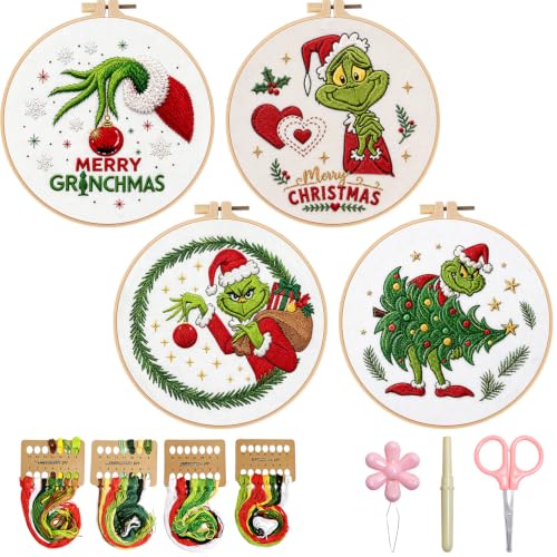 BBLYBD Christmas Embroidery Kit, 4 Set Embroidery Starter Kit, Cross Stitch Kits with Pre-Printed Embroidery Fabric, Hoops, Step-by-Step Instructions, Color Threads & Needles (Christmas02-4 Set) - color: Christmas02-4 Set
