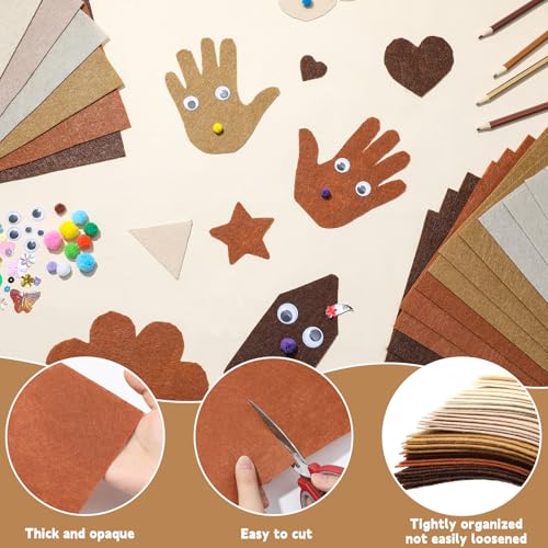 gisgfim 42Pcs Brown Felt Fabric Sheets Craft Kit 8 x 12 Inch Assorted Soft Thick Tan Felt Pack with Wiggle Google Eyes Pom Poms Glitter Patchwork Craft Supply for DlY Sewing Creative Art Project Decor - style: Brown Series