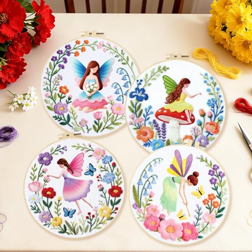 BEUNITONE 4 Set Fairy Patterns Embroidery Kit for Beginners 7.9"x7.9" DIY Complete Needlepoint Kits for Adults, Cross Stitch Starter Kit with Hoops and Instructions, Handmade Gifts for Home Decor - style: A-Fairy