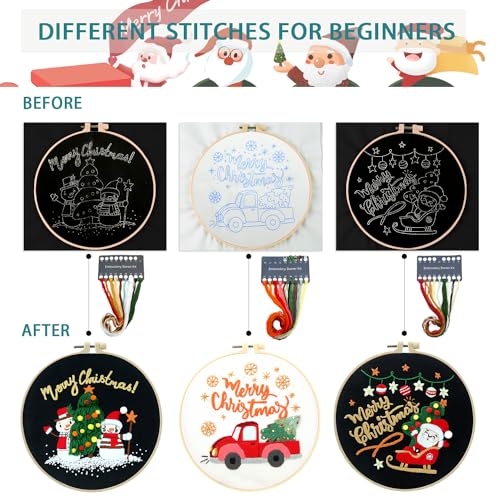 3 Sets Christmas Embroidery Starter Kit with Pattern for Beginners, Embroidery Kits with Christmas Pattern, Cross Stitch Set with Plastic Embroidery Hoops, Color Threads, Tools and Instructions - color: Xmas Black White