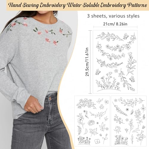 Water Soluble Stabilizer Embroidery Patterns, 3 Sheets Flower Style - color: Christian974 Flower974