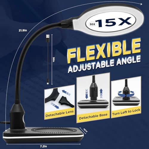 15X 30X Rechargeable Magnifying Glass with Light and Stand for Reading