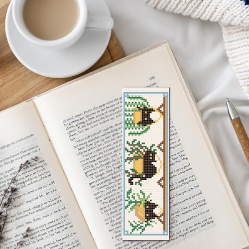 FREEBLOSS 6 Set Cross Stitch Bookmark Kits Cat and Potted Plants Stamped Cross Stitch Kit for Beginners, Printed Embroidery Bookmarks Kit with Instructions for Adults, 8''x2.4'' - style: Cats&Potted&Plants