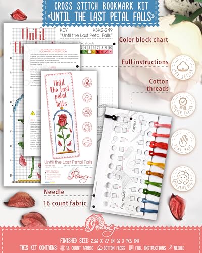 Povitrulya Until the Last Petal Falls - Counted Cross Stitch Bookmark Kit - True Love Embroidery Set for Adults with Paper Pattern, 16-Count Aida Canvas and Presorted Floss - color: Last petal