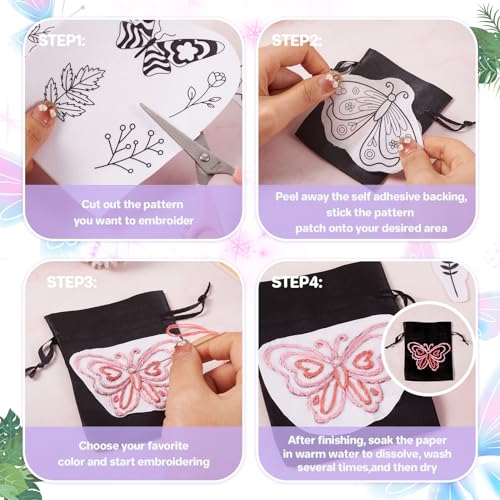 Magibeads 64 Patterns Butterfly Flower Water Soluble Embroidery Patterns Spring Theme Stick and Stitch Transfer Embroidery Paper for Adult Beginners Hand Sewing Starter Kit - color: Flower & Butterfly #2
