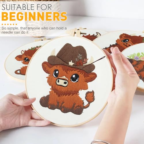 Kuabiz 5 Sets Highland Cow Embroidery Kits for Beginners Cross Stitch Kit for Adults Highland Cow Pattern Embroidery Starter Kit Embroiderys Hoop Needlepoint Kits with Instruction Needles Threads - style: Highland Cow