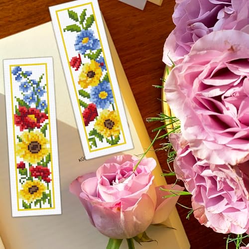 BEUNITONE 6 Pcs Flowers Cross Stitch Bookmark Kit for Adults Beginners Vivid Floral DIY Stamped Embroidery Bookmark Punch Needle Kit with Instructions for Book Lovers Reader Writer Gift 8''x2.4'' - style: Flower Cluster B