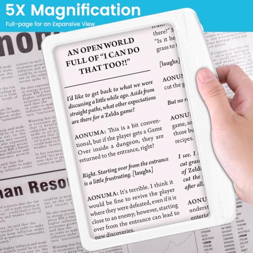 Rechargeable 5X Magnifying Glass for Reading, Large Bright Full Page Magnifier with Light, Handheld LED Dimmable Lighted, Lightweight Book Magnifier for Reading Small Prints Seniors - White - color: White