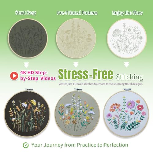 ETSPIL Embroidery Kit for Beginners, 11 Stitches, Easy to Follow, 4K Video - color: flower A3