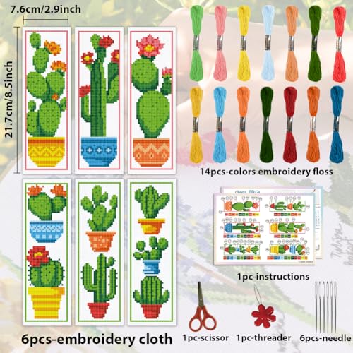 ACRNIGHEET 6PCS Cactus Cross Stitch Bookmark Kit for Beginner Stamped Cross Stitch Kits for Adults DIY Embroidery Bookmark Kits Crossstitch Kits Adult with Instructions Hand Craft Gift 11CT - style: Cactus patterns