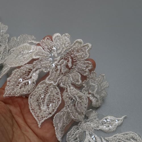 2yard Sequins Beaded Flower Embroidery lace Appliques for Wedding Dresses Rhinestone Applique Patches lace Trims parches ropa (Off White) (P3286A) - color: SPXB-P3286A-2yR22