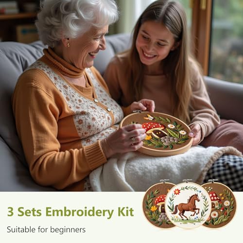 Santune 3 Pack Embroidery Kit Cross Stitch Needlepoint Kits for Beginners Adult Needle Point Sets with Mushroom & Horse Embroidery Patterns, Includes Step-By-Step Instructions & Accessories - color: Mushroom & Horse Series
