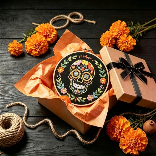 Nuberlic Sugar Skull Embroidery Kit for Beginners Adults Stamped Needlework - color: Sugar Skull