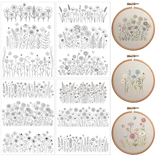Floral Water Soluble Embroidery Patterns, 4 Sheets Stick and Stitch Embroidery Papers Wash Away, Pre-Printed Flower Designs Transfer Paper Customized Gifts for Hand Sewing Lovers Beginners - size: Flower Cluster