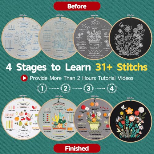 Meyocky Embroidery Kit for Beginners to Learn 31 Basic Stitches with Video - color: Multicolor