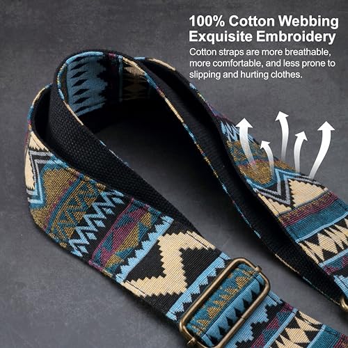 Nefelibata Banjo Strap,2"Wide Double Crazy Horse Leather Jacquard Embroidery Strap Adjustable Replacement,Multi-pattern Strap With Metal Clips - color: A#-Ethnic Green-01