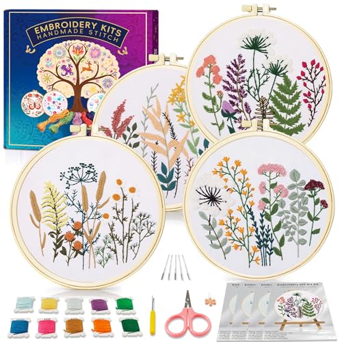 Huacan Embroidery Kit for Adults Beginners with 4 Hoops & Gift Box - color: Floral