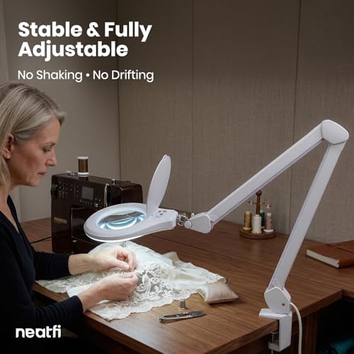 Neatfi Elite Super LED Magnifying Lamp with Clamp – 6” Glass Lens, 2.25X/4X Bifocal, 6500K Daylight | Glare-Free, Nonpolar Dimming | Reading, Crafting & Precision Work (6 Inch Lens, White) - color: White, size: 6 Inch Lens