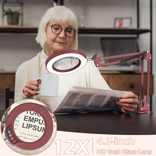 12X Real Glass Magnifying Glass with Light and Stand, LED 5 Color Modes, Stepless Dimmable Magnifying Floor Lamp, 3-in-1 Adjustable Swing Arm Lighted Magnifier Lamp with Clamp for Craft - Red - color: Red