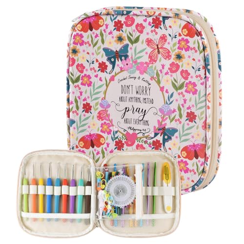 Crochet Hook Case,Portable Zipper Storage Organizer Bag for Crochet Hooks, Knitting Needles, Project & Sewing Supplies, Lightweight,Easy to Hold (No Accessories Included).Beige Butterfly - color: beige butterfly