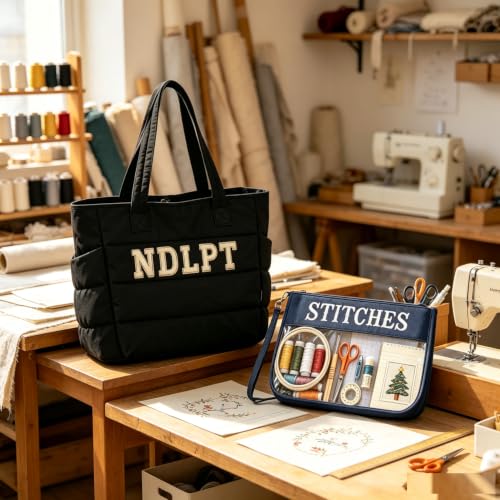 Needlepoint (NDLPT) Tote Bag & Clear Stitching Zipper Pouch Set (Black) - color: Black