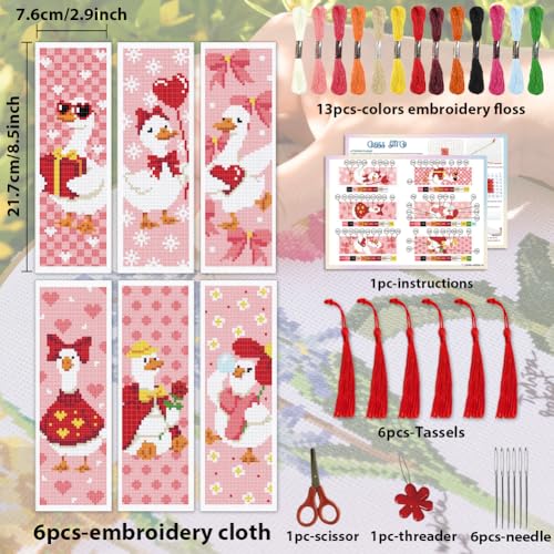 ACRNIGHEET 6PCS Cross Stitch Bookmark Kit for Beginner Cute Goose Stamped Cross Stitch Kits Needlepoint Kit for Adults DIY Tassel Embroidery Bookmark Kits with Instructions Craft Gift 8.5"x3" 11CT - style: Cute Goose Patterns