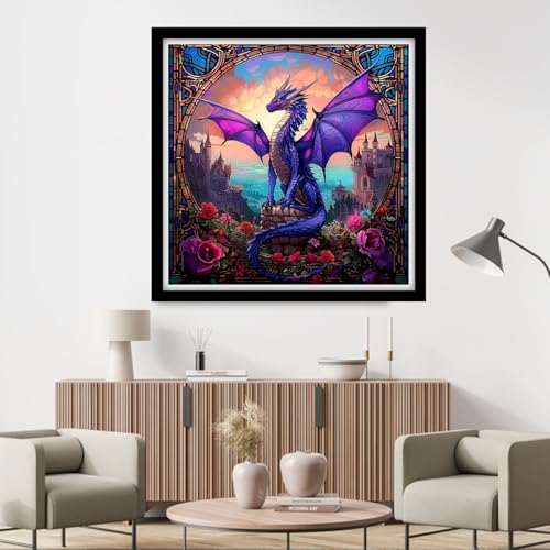Fanxvivy Counted Cross Stitch Kits for Adults 11CT Unprinted Cross-Stitch Patterns Embroidery Kits Easy Cross Stitching Needlepoint Kits&Purple Wing Dragon Castle 18x18 inch - color: DIY-craft17