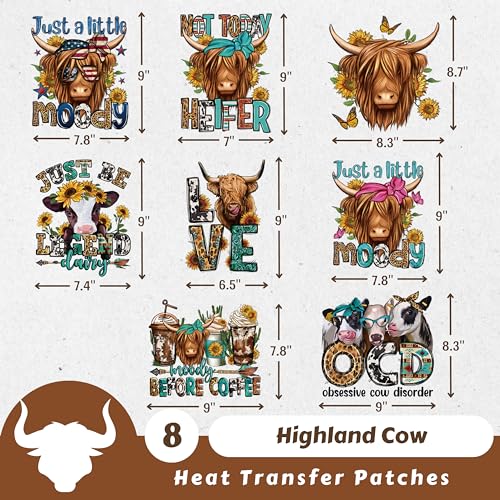 8 Pcs Highland Cow Heat Transfer Patches, Vinyl Designs Iron on Transfers for T-Shirts, Western DTF Heat Transfer Stickers for Clothes, Iron on Decals for DIY Clothing, Hats and Pillows - style: Highland Cow