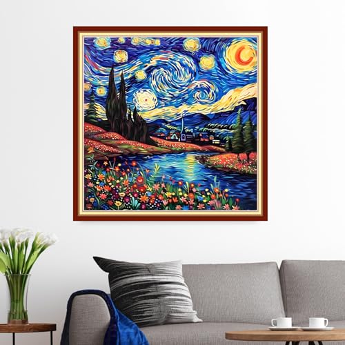 Funxvoot Stamped Cross Stitch Kits for Beginners or Adults Embroidery Starter Patterns | DIY Printed Cross Stitch Kits Needlepoint for Adults or Kids 11CT-Van Gogh's Star River 18x18 inch - color: color13