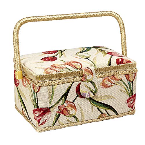 Sewing Basket with Tulip Floral Print Design- Sewing Kit Storage Box with Removable Tray, Built-in Pin Cushion and Interior Pocket - Medium - 11" x 7" x 5.5" - by Adolfo Design - color: Tulip, size: Medium - 11" x 7" x 5.5"