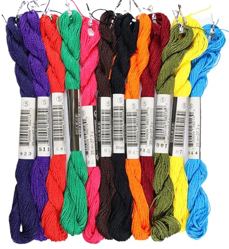 KCS 328 Yards (300 Meters) Mercerized Pearl Cotton Crochet Needlepoint Thread,Size 5, 12 skeins,Mixed Color 15 - color: 12color15, size: 12 skeins