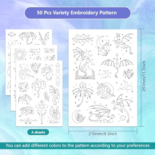 GLOBLELAND 4 Sheets Magic Dragon Water Soluble Embroidery Pattern - color: Magic Dragon