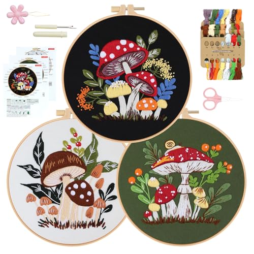 RidaaFri Embroidery Kit for Beginners, 3 Pk Stamped Mushroom DIY Craft