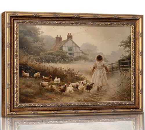 Vintage Gold Framed Farmhouse Wall Art Retro Country Farm Girl with Chicken Canvas Wall Decor Rustic Pastoral Scenery Painting Picture Artwork for Living Room Bedroom Home Decor - color: Chicken Coop, size: 16"L x 12"W