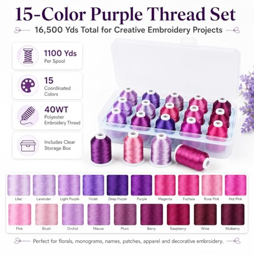 Simthread 15-Color Polyester Machine Embroidery Thread Set, Purple Series - color: 15C-Purple-Box