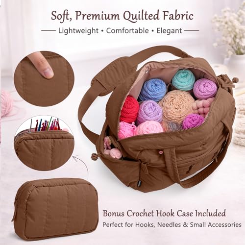 MYBAGZING Large Crochet Bag Organizer w/Crochet Hook Case & Yarn Grommets - color: Brown